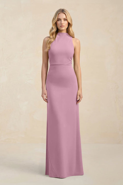 High Neck Sheath Chiffon Bridesmaid Dress With Slit in Vintage Mauve - KissProm Bridesmaid Dresses
