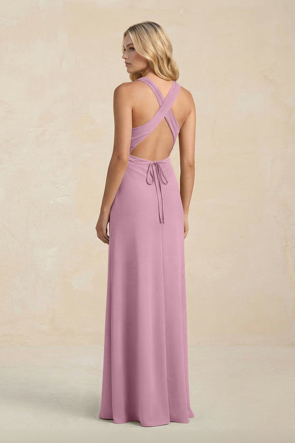 High Neck Sheath Chiffon Bridesmaid Dress With Slit in Vintage Mauve - KissProm Bridesmaid Dresses