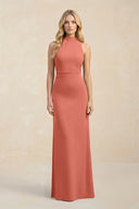High Neck Sheath Chiffon Bridesmaid Dress With Slit in Wild Rose - KissProm Bridesmaid Dresses