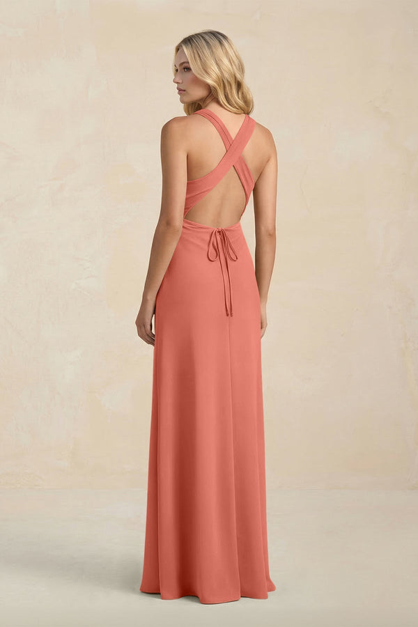 High Neck Sheath Chiffon Bridesmaid Dress With Slit in Wild Rose - KissProm Bridesmaid Dresses