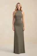 High Neck Sheath Chiffon Bridesmaid Dress With Slit in Willow Green - KissProm Bridesmaid Dresses