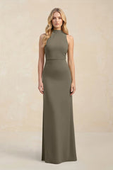 High Neck Sheath Chiffon Bridesmaid Dress With Slit in Willow Green - KissProm Bridesmaid Dresses