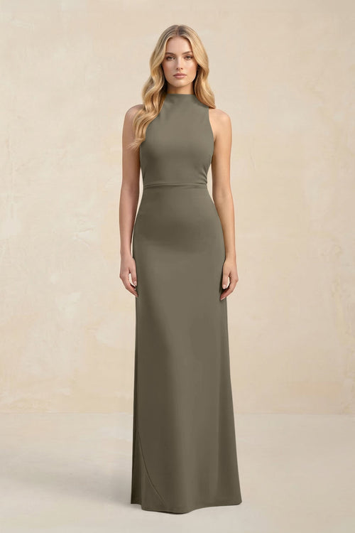 High Neck Sheath Chiffon Bridesmaid Dress With Slit in Willow Green - KissProm Bridesmaid Dresses