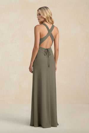 High Neck Sheath Chiffon Bridesmaid Dress With Slit in Willow Green - KissProm Bridesmaid Dresses