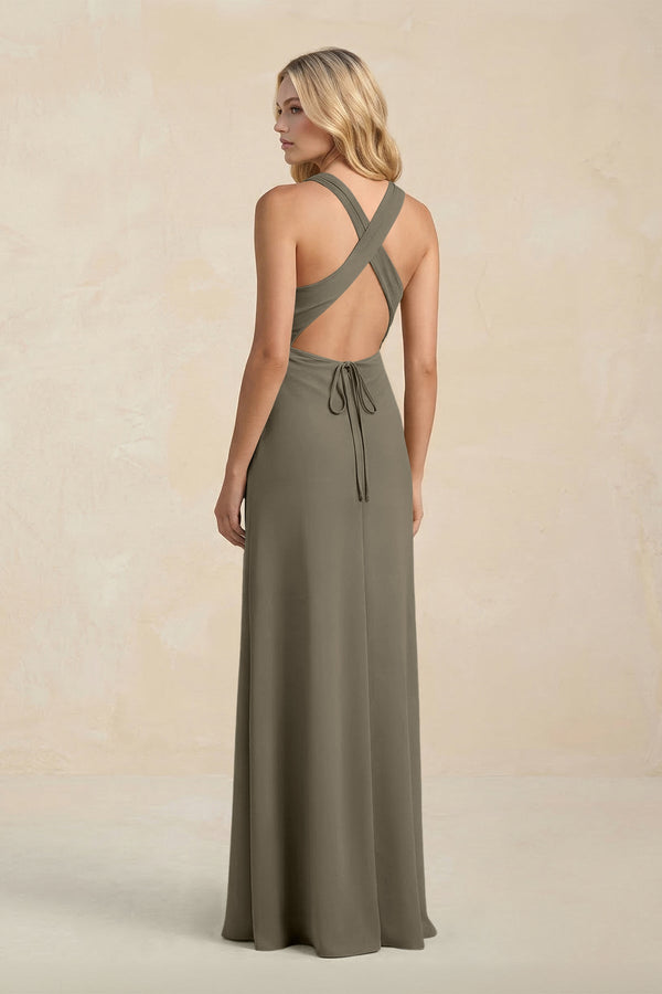 High Neck Sheath Chiffon Bridesmaid Dress With Slit in Willow Green - KissProm Bridesmaid Dresses