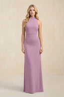 High Neck Sheath Chiffon Bridesmaid Dress With Slit in Wisteria - KissProm Bridesmaid Dresses