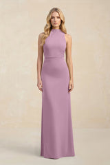 High Neck Sheath Chiffon Bridesmaid Dress With Slit in Wisteria - KissProm Bridesmaid Dresses