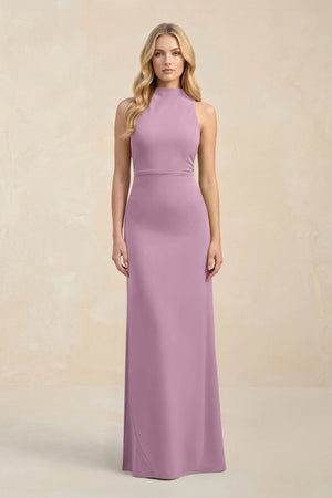High Neck Sheath Chiffon Bridesmaid Dress With Slit in Wisteria - KissProm Bridesmaid Dresses