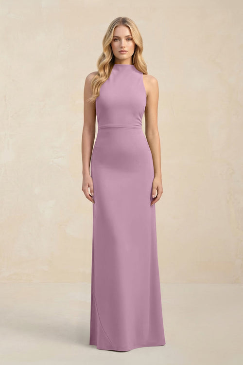 High Neck Sheath Chiffon Bridesmaid Dress With Slit in Wisteria - KissProm Bridesmaid Dresses
