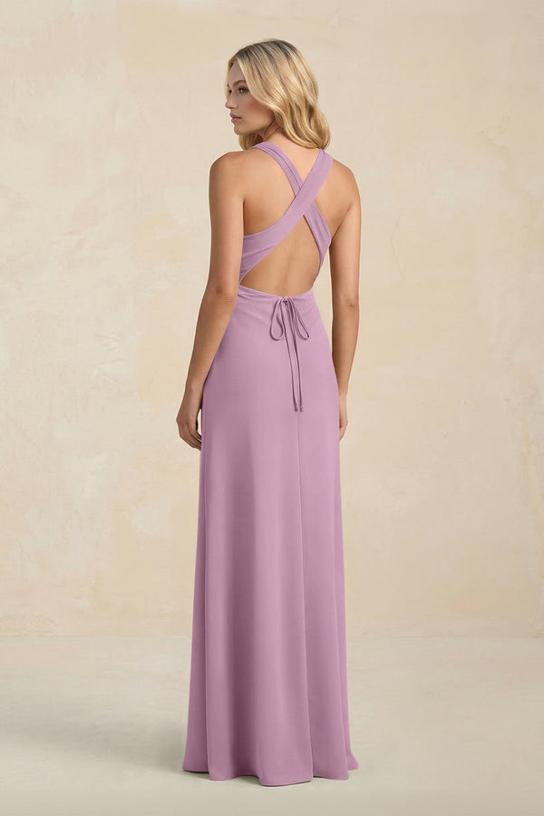 High Neck Sheath Chiffon Bridesmaid Dress With Slit in Wisteria - KissProm Bridesmaid Dresses