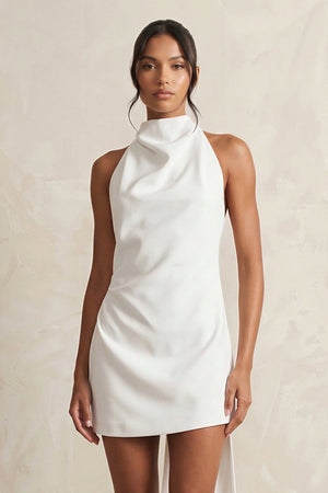 High - Neck Sheath Crepe Mini Wedding Dress in White - KissProm Wedding Dresses