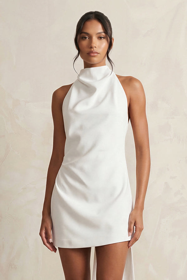 High - Neck Sheath Crepe Mini Wedding Dress in White - KissProm Wedding Dresses
