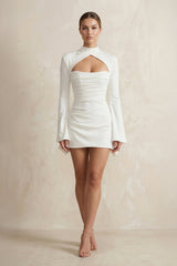 High - Neck Sheath Keyhole Satin Long Sleeves Wedding Dress in White - KissProm Wedding Dresses