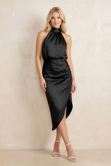High Neck Sheath Ruched Bridesmaid Dress With Bow in Black - KissProm Bridesmaid Dresses