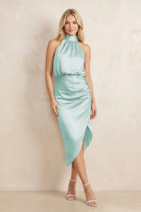 High Neck Sheath Ruched Bridesmaid Dress With Bow in Bleached Aqua - KissProm Bridesmaid Dresses