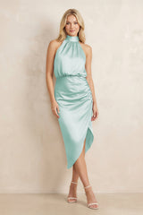High Neck Sheath Ruched Bridesmaid Dress With Bow in Bleached Aqua - KissProm Bridesmaid Dresses