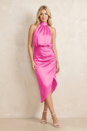 High Neck Sheath Ruched Bridesmaid Dress With Bow in Bon Bon Pink - KissProm Bridesmaid Dresses