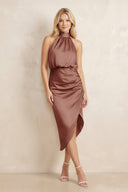 High Neck Sheath Ruched Bridesmaid Dress With Bow in Brown - KissProm Bridesmaid Dresses