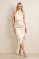 High Neck Sheath Ruched Bridesmaid Dress With Bow in Buttercream - KissProm Bridesmaid Dresses