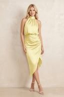 High Neck Sheath Ruched Bridesmaid Dress With Bow in Buttercup - KissProm Bridesmaid Dresses