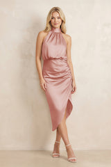 High Neck Sheath Ruched Bridesmaid Dress With Bow in Champagne Rose - KissProm Bridesmaid Dresses