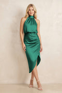 High Neck Sheath Ruched Bridesmaid Dress With Bow in Dark Green - KissProm Bridesmaid Dresses