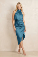 High Neck Sheath Ruched Bridesmaid Dress With Bow in Dark Teal - KissProm Bridesmaid Dresses