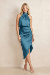 High Neck Sheath Ruched Bridesmaid Dress With Bow in Dark Teal - KissProm Bridesmaid Dresses
