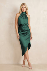 High Neck Sheath Ruched Bridesmaid Dress With Bow in Emerald - KissProm Bridesmaid Dresses