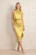 High Neck Sheath Ruched Bridesmaid Dress With Bow in Gold - KissProm Bridesmaid Dresses