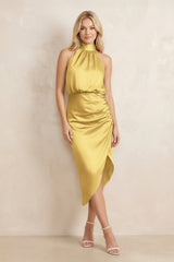 High Neck Sheath Ruched Bridesmaid Dress With Bow in Gold - KissProm Bridesmaid Dresses