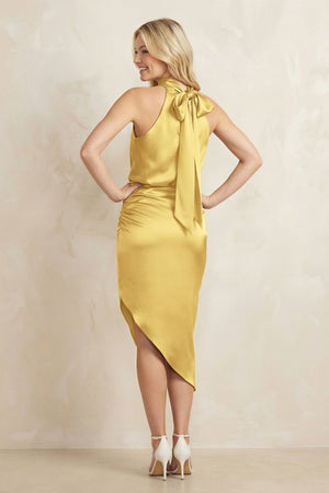 High Neck Sheath Ruched Bridesmaid Dress With Bow in Gold - KissProm Bridesmaid Dresses