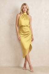 High Neck Sheath Ruched Bridesmaid Dress With Bow in Gold - KissProm Bridesmaid Dresses