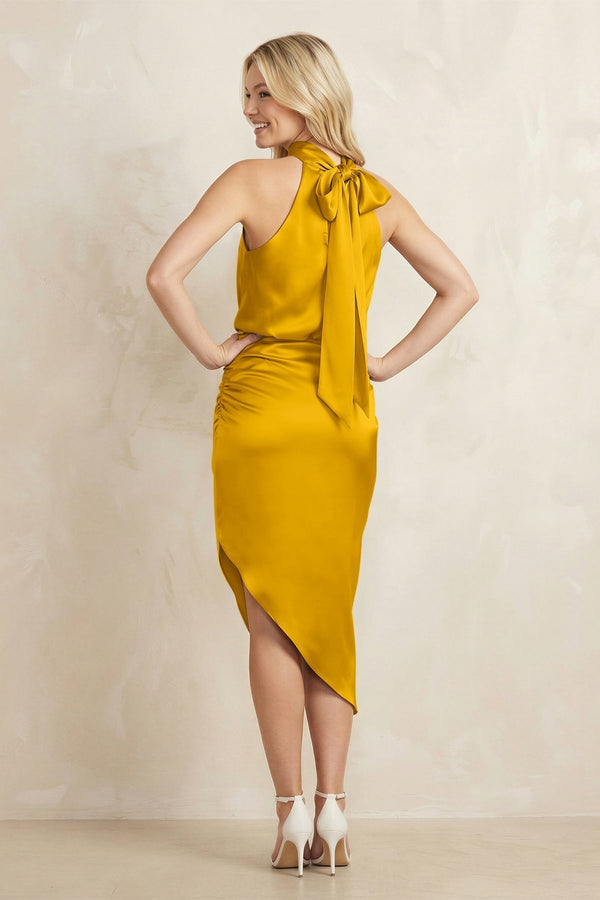 High Neck Sheath Ruched Bridesmaid Dress With Bow in Marigold - KissProm Bridesmaid Dresses
