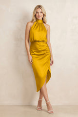 High Neck Sheath Ruched Bridesmaid Dress With Bow in Marigold - KissProm Bridesmaid Dresses