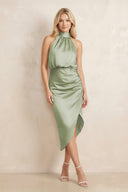 High Neck Sheath Ruched Bridesmaid Dress With Bow in Matcha - KissProm Bridesmaid Dresses