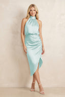 High Neck Sheath Ruched Bridesmaid Dress With Bow in Mist - KissProm Bridesmaid Dresses