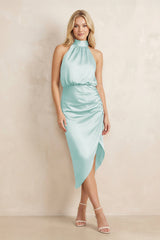 High Neck Sheath Ruched Bridesmaid Dress With Bow in Mist - KissProm Bridesmaid Dresses