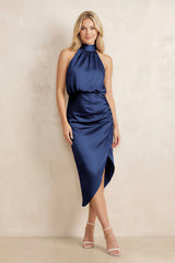 High Neck Sheath Ruched Bridesmaid Dress With Bow in Navy - KissProm Bridesmaid Dresses