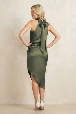 High Neck Sheath Ruched Bridesmaid Dress With Bow in Olive - KissProm Bridesmaid Dresses