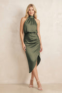 High Neck Sheath Ruched Bridesmaid Dress With Bow in Olive - KissProm Bridesmaid Dresses
