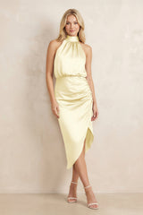 High Neck Sheath Ruched Bridesmaid Dress With Bow in Pastel Yellow - KissProm Bridesmaid Dresses