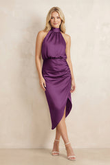 High Neck Sheath Ruched Bridesmaid Dress With Bow in Plum - KissProm Bridesmaid Dresses