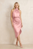 High Neck Sheath Ruched Bridesmaid Dress With Bow in Rosette - KissProm Bridesmaid Dresses
