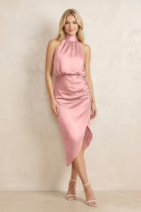High Neck Sheath Ruched Bridesmaid Dress With Bow in Rosette - KissProm Bridesmaid Dresses