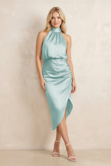 High Neck Sheath Ruched Bridesmaid Dress With Bow in Sage - KissProm Bridesmaid Dresses