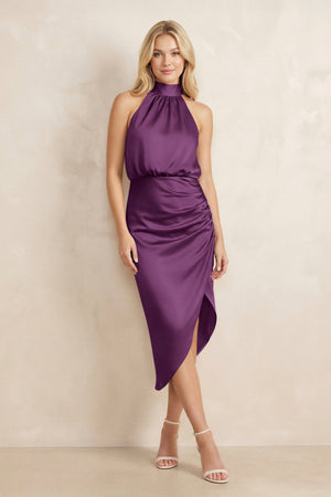 High Neck Sheath Ruched Bridesmaid Dress With Bow in Sangria - KissProm Bridesmaid Dresses