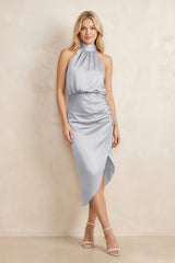 High Neck Sheath Ruched Bridesmaid Dress With Bow in Silver - KissProm Bridesmaid Dresses