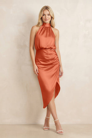 High Neck Sheath Ruched Bridesmaid Dress With Bow in Terracotta - KissProm Bridesmaid Dresses