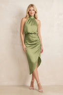 High Neck Sheath Ruched Bridesmaid Dress With Bow in Thyme - KissProm Bridesmaid Dresses